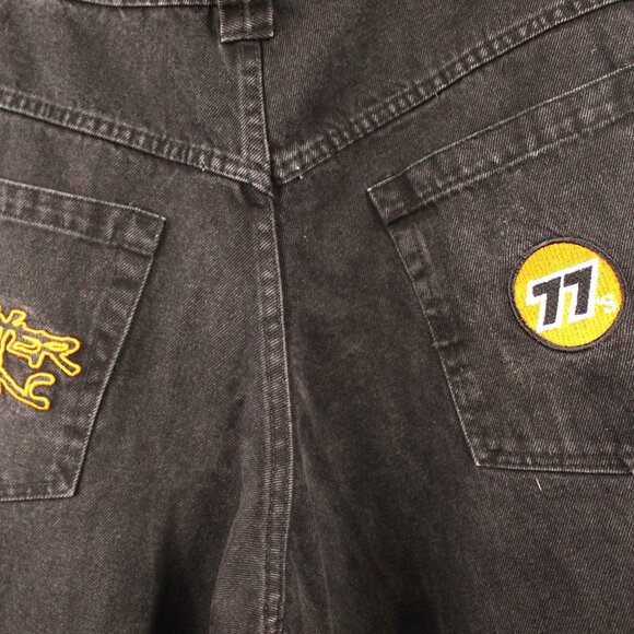77'S HIP HOP BLACK EMBROIDERED PATCH BAGGY CARPENTER SK8R JEANS SZ Lg GRUNGE - Picture 9 of 14